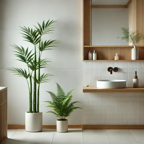 baño con plantas artificiales