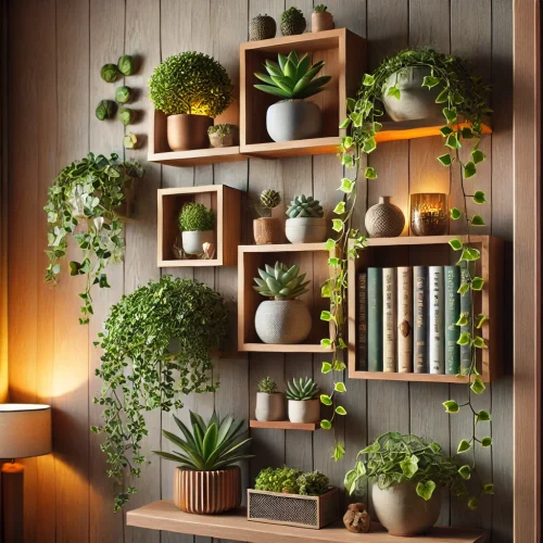 repisa con plantas artificiales