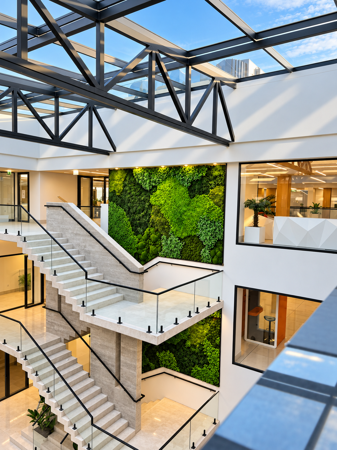 Atrio corporativo con jardín vertical y lucernario