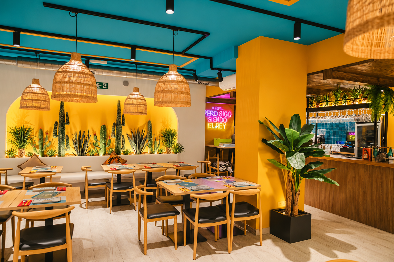 Restaurante tropical decorado con cactus
