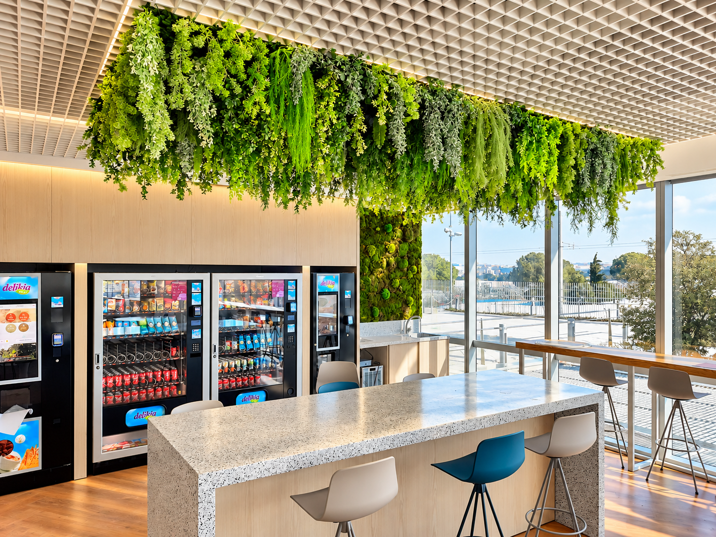Cafetería corporativa con jardín vegetal suspendido