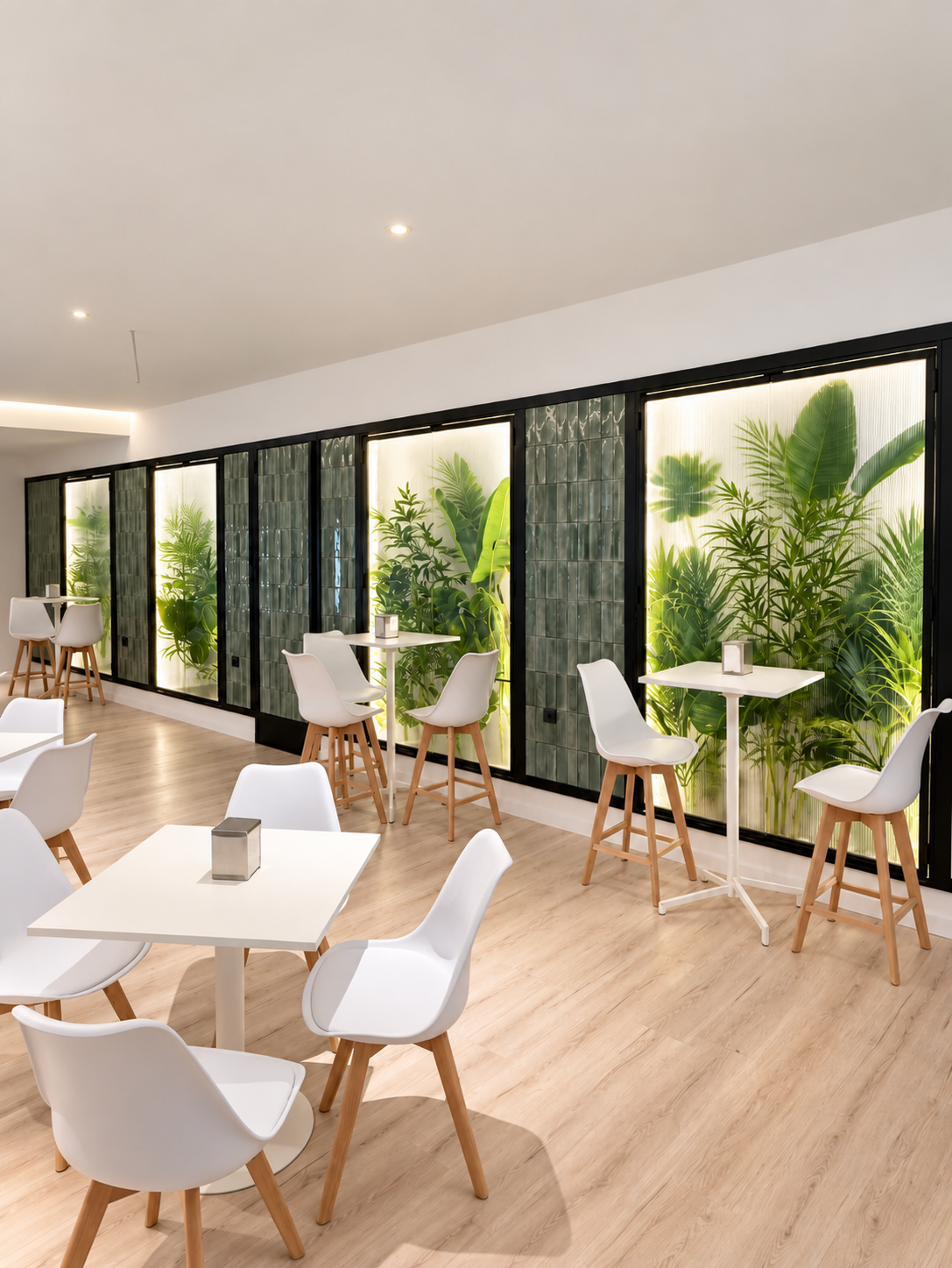 Cafetería moderna con paneles vegetales