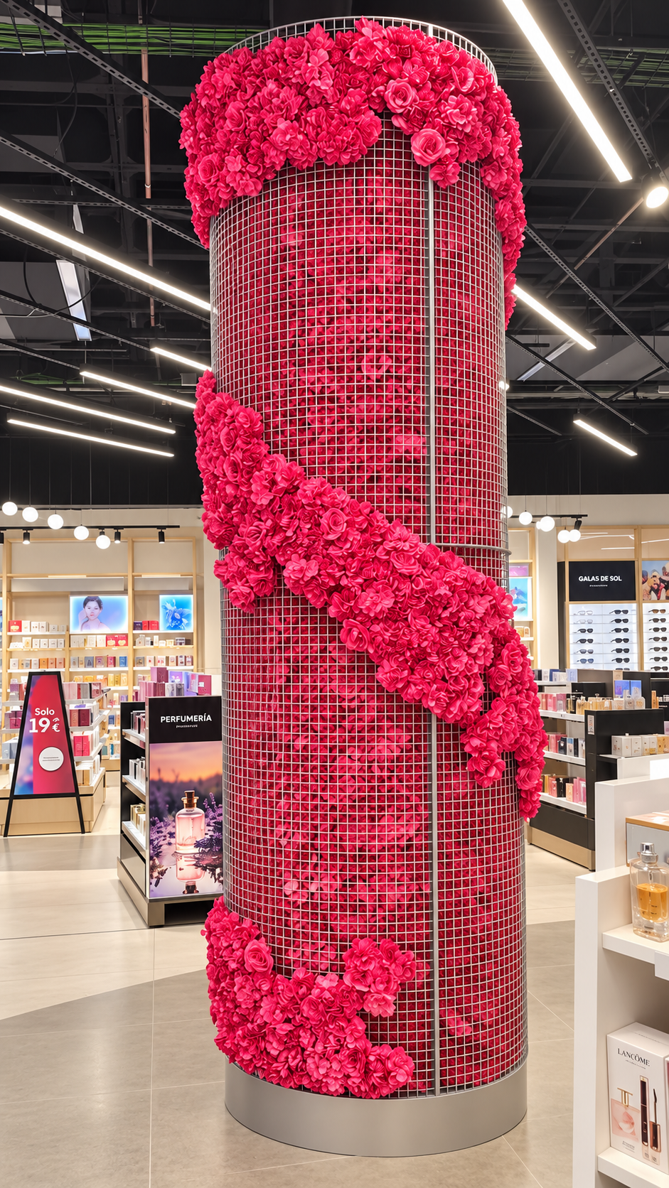 Columna decorativa de flores en perfumería