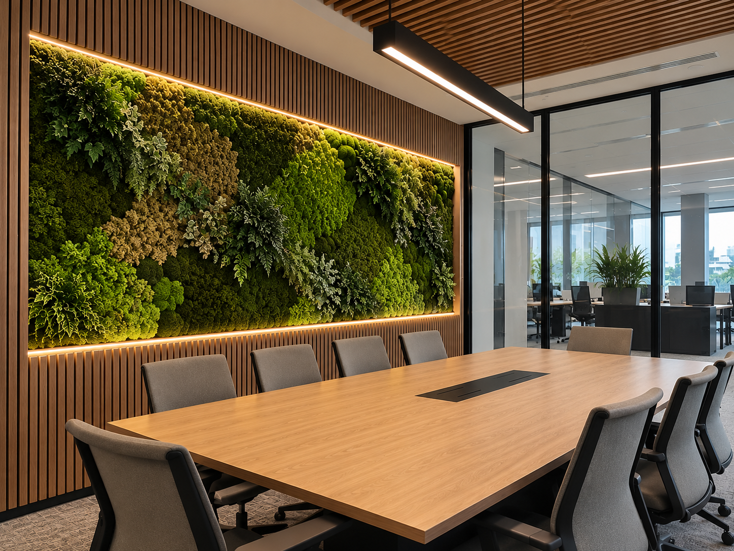 Sala de reuniones decorada con pared vegetal